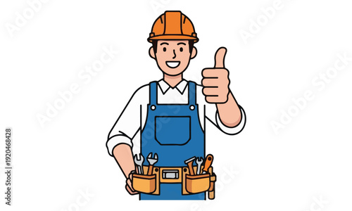 Smiling Cartoon Worker with Hard Hat Giving Thumbs Up
