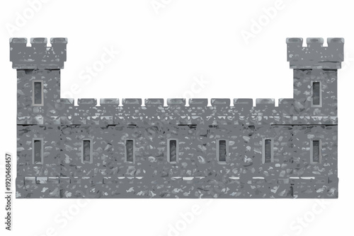 A grayscale illustration of a medieval castle with towers and walls