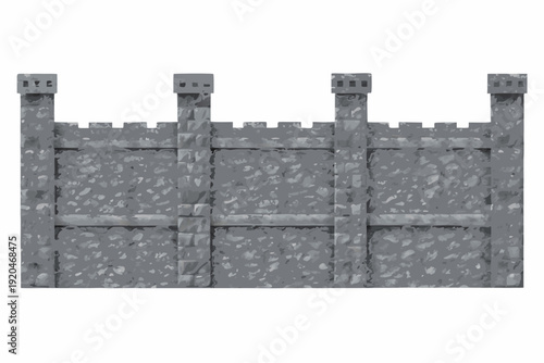 Grey stone castle wall with battlements isolated on a white background