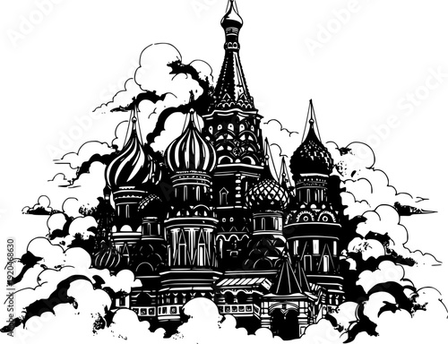 Saint Basil's Cathedral illustrated with clouds, in an ink wash
