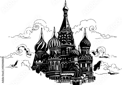 Saint Basil's Cathedral illustrated with clouds, in an ink wash
