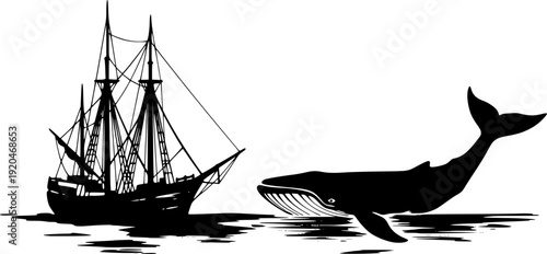 Minimalist depiction of a vintage whale hunt with sumi-e illustr
