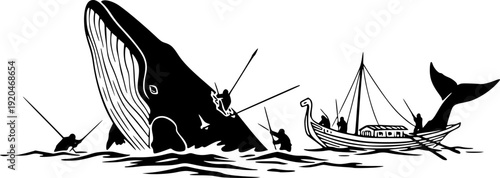 Minimalist depiction of a vintage whale hunt with sumi-e illustr
