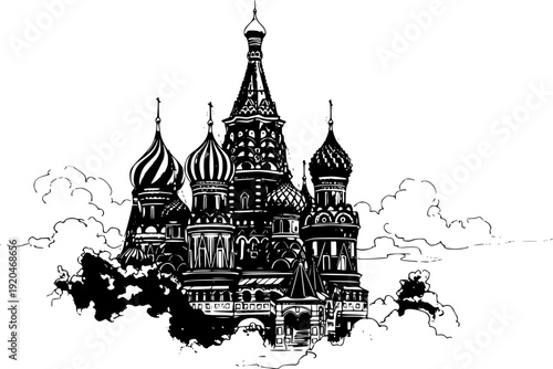 Saint Basil's Cathedral illustrated with clouds, in an ink wash
