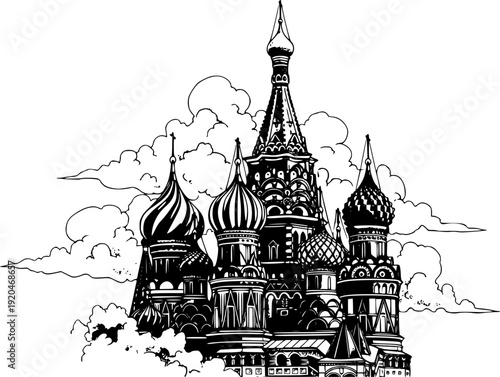 Saint Basil's Cathedral illustrated with clouds, in an ink wash
