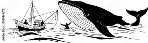 Minimalist depiction of a vintage whale hunt with sumi-e illustr

