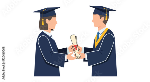 Two graduating students in caps and gowns exchange a diploma presenting a celebratory moment silhouette high quality professional detailed modern
