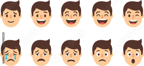 Male Cartoon Face Emotions Collection with Happy, Sad, Crying, Surprised, and Neutral Expressions for Emoji Design, Avatar Creation, and Character Animation.