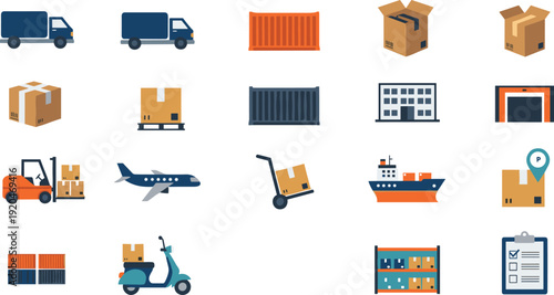 Logistics and Delivery Service Flat Vector Icons Set Featuring Cargo Truck, Shipping Container, Warehouse, Airplane, Ship and Package Boxes
