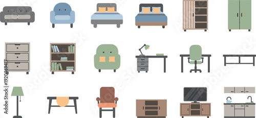 Home and Office Furniture Flat Vector Icons Set Featuring Sofa, Bed, Wardrobe, Desk, Chair, Cabinet and Interior Design Elements