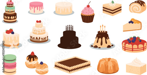 Delicious Cakes and Desserts Flat Vector Icons Set Featuring Chocolate Cake, Cupcake, Cheesecake, Macaron, Tiramisu and Sweet Bakery Collection