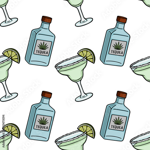 Seamless vector pattern of margarita cocktails and tequila bottles with lime slices