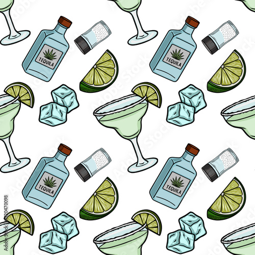 Seamless vector pattern of margarita cocktails, tequila bottles, lime slices, and ice cubes