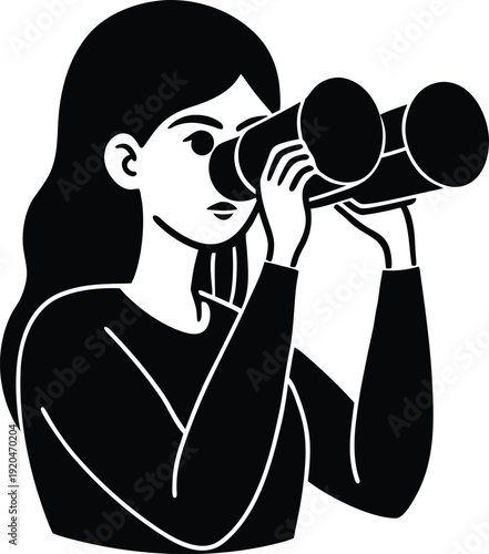 Woman explorer with binoculars scanning the horizon from a mountaintop, seeking adventure and discovery
