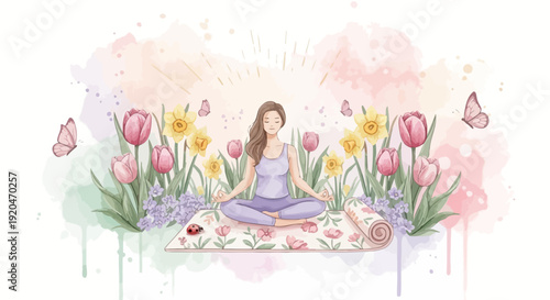 Serene Woman Meditating Amidst a Vibrant Spring Garden Filled with Tulips, Daffodils, and Butterflies
