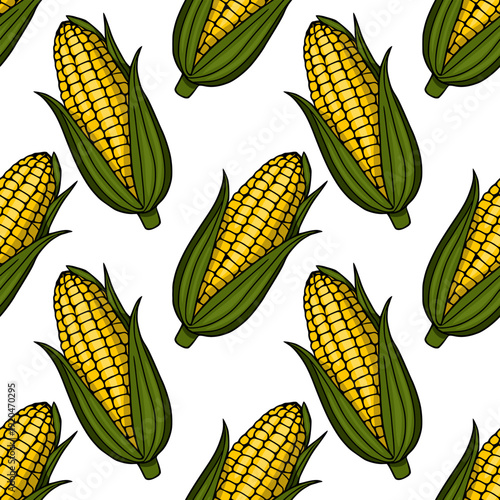 Seamless vector pattern of fresh yellow corn cobs with green husks, isolated on white background.