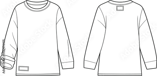 Crewneck sweatshirt, long sleeves, front view, back view, patch detail, rolled sleeve, fashion CAD, garment sketch, apparel design, technical drawing, menswear basics, textile silhouette