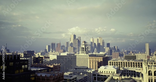 Картината върху платно wide panoramic city skyline with vintage film mood and cool tones, archivist vie