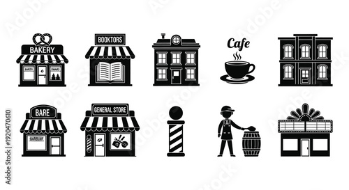 A collection of black storefronts including a bakery bookstore and cafe presented in a distinct silhouette high quality professional detailed modern