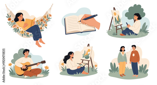 Diverse illustrations depicting people finding joy and relaxation through creative hobbies like reading, writing, painting, and playing music, embracing peaceful moments in nature