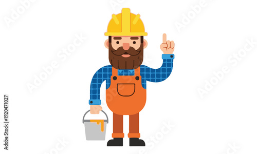 Bearded handyman with hard hat pointing up and holding paint bucket