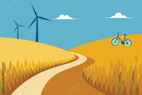 Scenic Bike Trail Through Golden Wheat Field Landscape