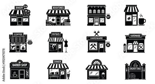 A collection of black storefronts depicting various businesses in a minimalist flat style silhouette high quality professional detailed modern elegant stylish