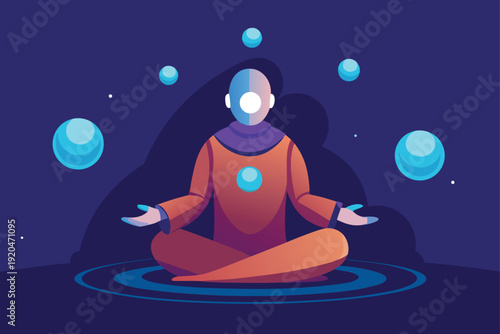 Sci Fi Monk Meditating In Zero Gravity Lotus Pose