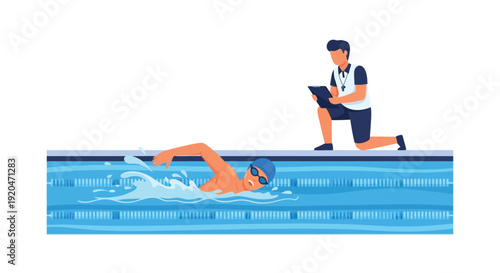 A swimmer practices the freestyle stroke in a bright blue pool observed by a coach with a tablet silhouette high quality