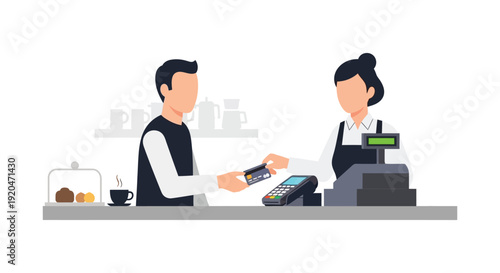 A minimalist illustration depicts a customer paying with a card at a cafe counter a flat silhouette high quality professional detailed