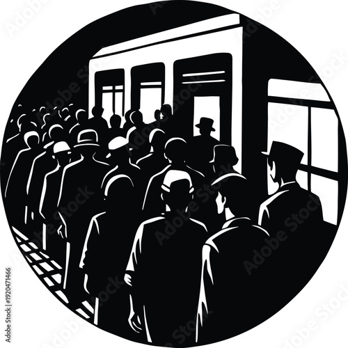 Diverse crowd of people entering a modern commuter train, busy morning commute, urban lifestyle and public transportation concept, vector illustration.