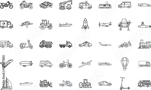 Comprehensive Collection of Transportation Vehicle Icons Featuring Land Water and Air Transport Modes for Logistics Travel Construction and Emergency Services in Clean Outline Style