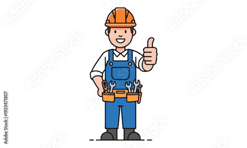 Cartoon worker with hard hat & tool belt gives a thumbs up.