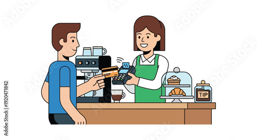 A customer pays with a card at a coffee shop counter showcasing a modern transaction scene silhouette high quality professional detailed