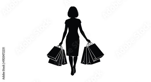 A striking black silhouette depicts a woman carrying shopping bags walking forward showcasing consumerism and style silhouette high quality professional detailed