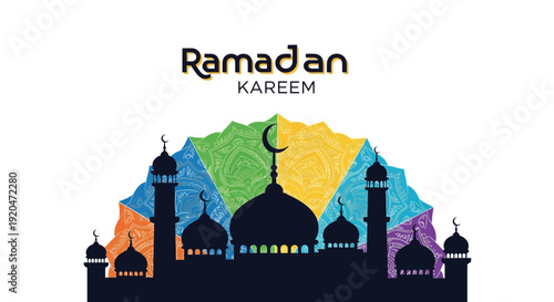 A colorful ramadan kareem greeting featuring a mosque skyline in dark silhouette high quality professional detailed modern elegant stylish clean crisp