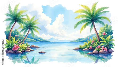 Tropical island paradise with palm trees.