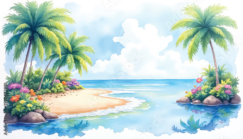 Tropical island paradise with palm trees.