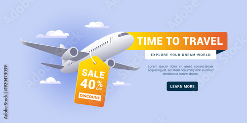 Travel sale banner template with airplane and 40 percent discount tag. Time to Travel. Vector illustration for flight booking and vacation promotion.