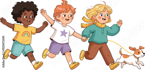 Diverse Group of Happy Children Running Outdoors with a Small Puppy Representing Friendship, Playtime, Childhood Energy, and Pet Ownership for Kids Lifestyle Illustration