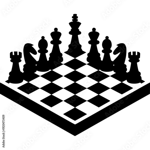 Chess board game with black and white chess pieces arranged on a checkered chessboard ready for strategy and competition