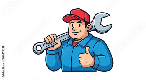 A smiling mechanic cheerfully displays a large wrench and gives a thumbs up a charming silhouette high quality professional detailed modern elegant