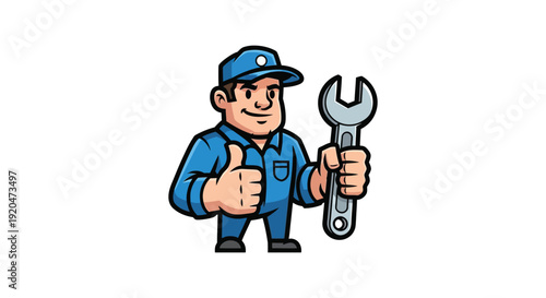 Cartoon depiction of a smiling mechanic holding a wrench giving a thumbs up presented as a silhouette high quality professional detailed modern