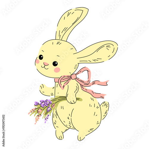Illustration of a cute bunny with a pink bow around its neck holding a small bouquet of flowers in pastel colors. Easter bunny hand drawn isolated. Spring character perfect for holiday designs, greeti