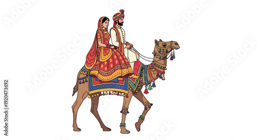 A vibrant illustration depicts a traditionally dressed couple riding a camel showcasing indian wedding customs silhouette high quality professional detailed modern