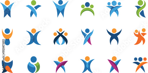Abstract People Logo Set with Colorful Human Figures in Dynamic Poses for Community Branding, Teamwork Identity, Healthcare, and Social Organization Design.