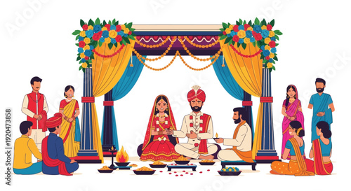 A vibrant indian wedding ceremony is depicted with a couple seated under a decorated mandap silhouette high quality professional detailed modern