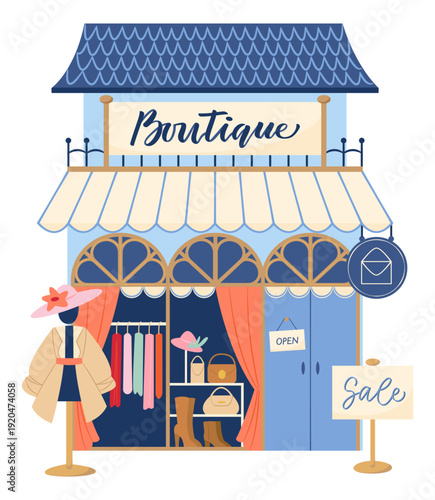 Cartoon Fashion Boutique Store Exterior Facade.