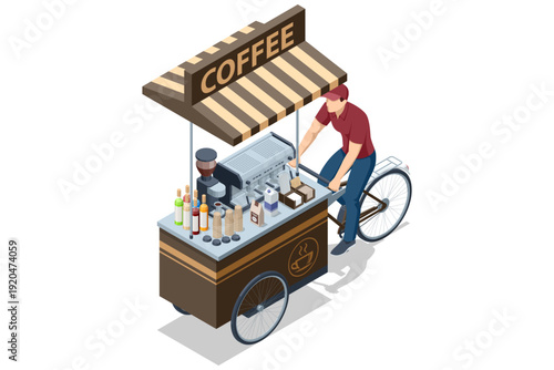Coffee bike cart. Isometric coffee bike cart with espresso machine and awning. Mobile street cafe concept isolated on white.