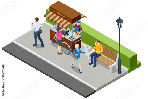 Isometric street coffee cart with people, bench and lamp. Urban outdoor cafe concept with takeaway drink. Street beverage stand with espresso machine and takeaway cup.